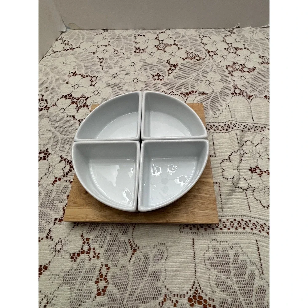 Alex Liddy Porcelain 4 Section Serving Set with Wooden Lazy Susan Turntable Base